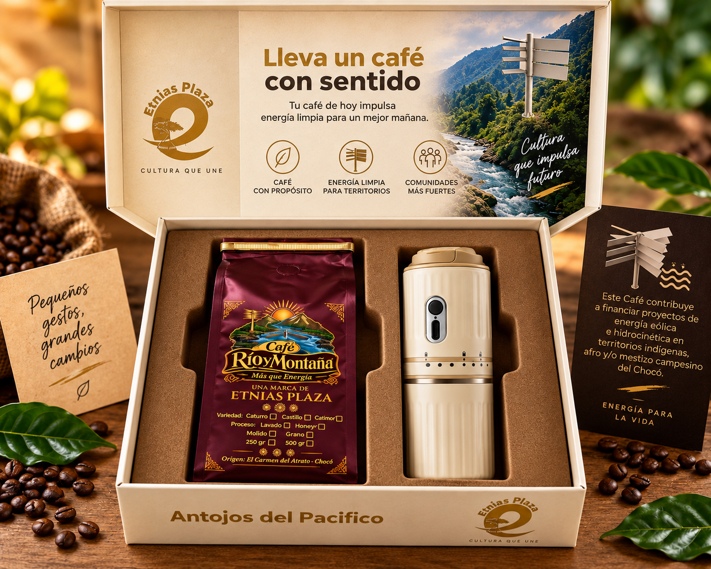 KIT ENERGÍA CON SENTIDO – Café Río y Montaña + Cafetera portátil